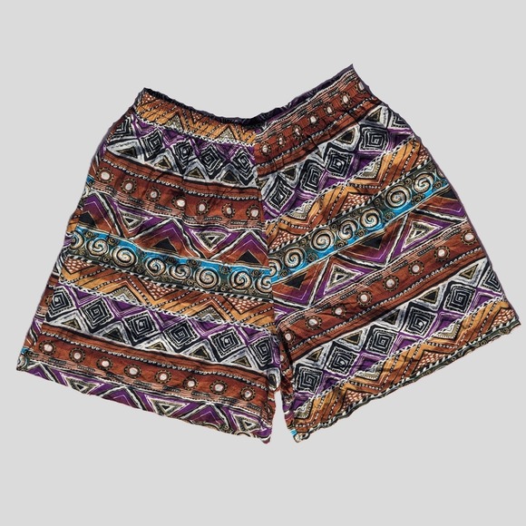 Byer California Pants - Vintage 90s Rayon Geometric Shorts M Gold Detail Boho Hippie Wide Leg Festival